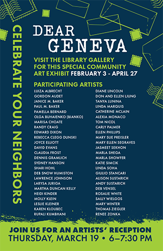 Promotional image for the Dear Geneva art exhibit, including a list of all participating artists